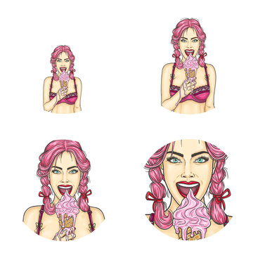 Set of vector pop art round avatar icons for users of social networking, blogs, profile icons. Young pin-up girl, teenager with pink hair holds a waffle cone with melting ice cream in her hand