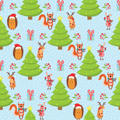 Christmas patr n on a blue background, hare, fox, hedgehog, deer.