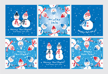 Set of Christmas Greeting Cards with hand drawn cute snowmen. Blue background. Happy New Year 2018. Doodles, sketch for your design. Vector.