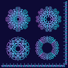 set of colorful snowflakes and a Christmas border on a blue background. Vector set of luxury openwork circular ornaments