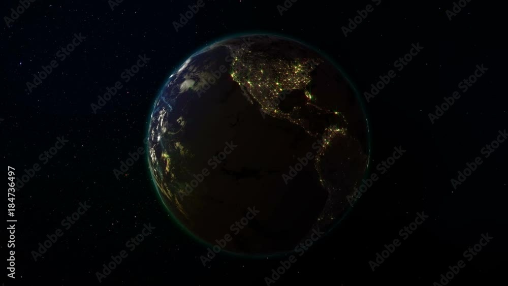 Poster realistic earth rotating in space (loop). on the planet earth is visible the change of day and night