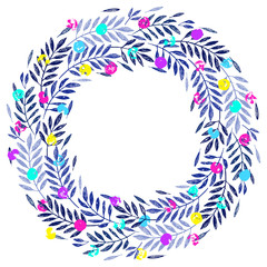 Obraz premium Tropical palm leaves, foliage wreath, round frame. Tropical jungle palm tree background vector illustration. Invitation, greeting card template. Twigs wreath with bright color spot dots in neon colors