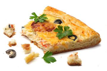 Piece of pizza with olives isolated on white background. top view