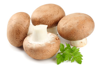 Fresh champignon mushrooms with parsley isolated on white background