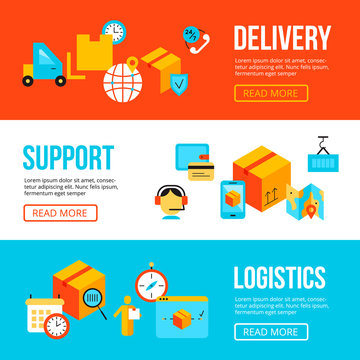 Delivery and logistics service web banners design templates. Transportation icons vector compositions