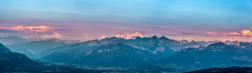 Last rays of sun on the Mont Blanc mountain.