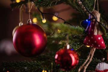 close up of christmas tree decorations