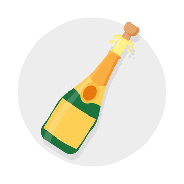 Champagne bottle explosion concept. Illustration isolated on gray background. Open Champagne bottle, holiday toast, cork jumping out with blow. Party celebration concept.