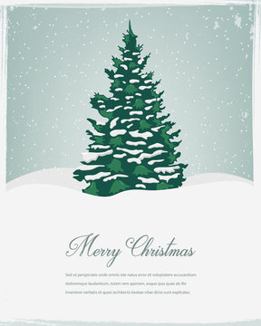 Merry Christmas greeting. Christmas tree in the snow. Vector