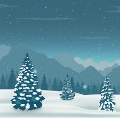 Winter landscape with snow trees and mountains. Winter holidays. Vector