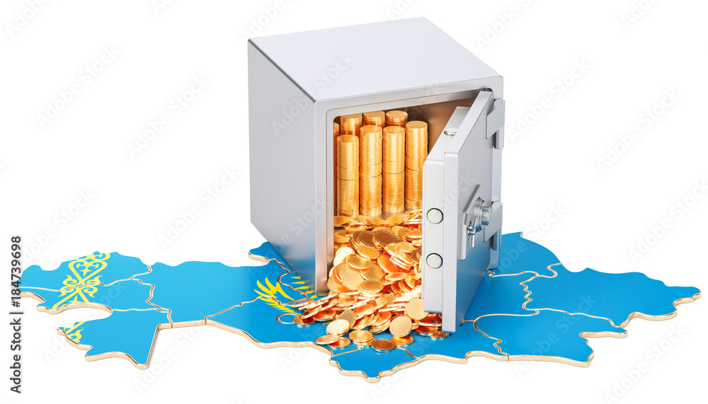 Poster safe box with golden coins on the map of kazakhstan, 3d rendering