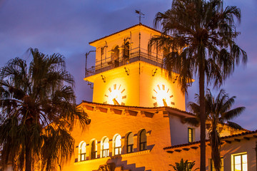 bell tower at dusk, Santa Barbara County Court House, Santa Barbara, California