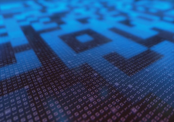 3d illustration of a concept image of digital data. Binary code and quick response code.