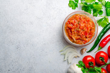 Traditional mexican homemade salsa sauce with ingredients, tomat - obrazy, fototapety, plakaty