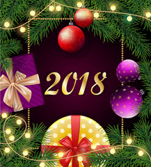 New Year and Christmas holidays background with 2018, pine tree branches, gift boxes with red and golden bows, light bulbs, baubles