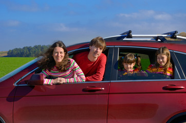 Family car travel on vacation, happy parents and kids have fun in holiday trip, insurance concept
