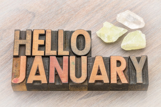 Hello January in vintage wood type