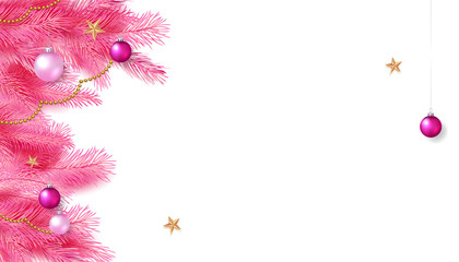Christmas composition. Frame with pink fir branches, christmas balls, gold stars. Vector illustration.