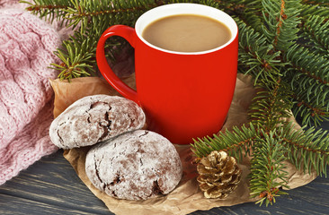 Christmas composition on vintage wooden table background - Cup of hot cocoa with cookies.