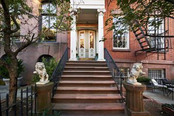 A view of a brownstone building