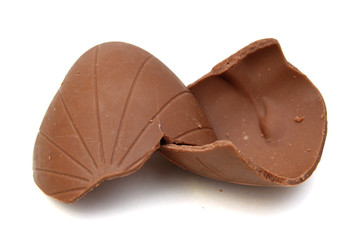 Cracked chocolate egg, isolated on white