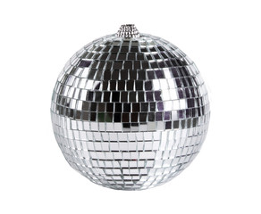 Silver disco mirror ball isolated on white background.
