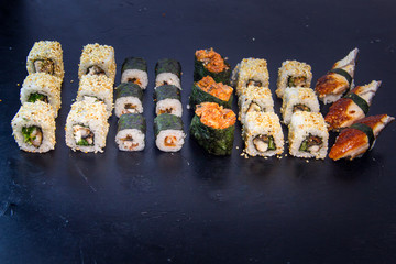 Sushi and roll set with salmon. Japanese food. 20