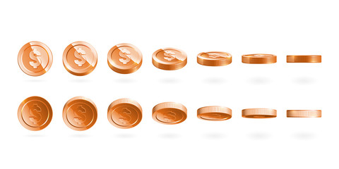 Bronze coins set isolated on white in different positions