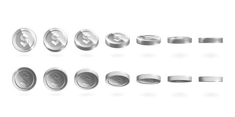 Silver coins set isolated on white in different positions