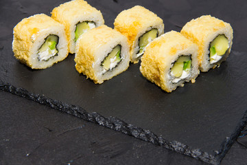 Hot Sushi roll with salmon. Japanese food. 5