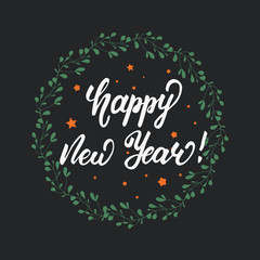 Greeting card design with lettering Happy New Year. Vector illustration.