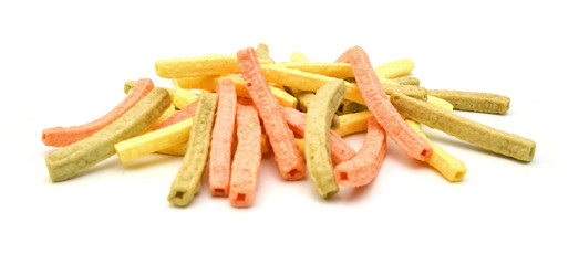 Naturally Baked Veggie Straws Made From Tomatoes, Spinach and Potatoes on white background