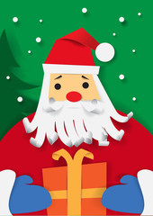 Merry Christmas poster.Santa Claus with gift box. Vector illustration