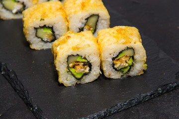 Hot Sushi roll with salmon. Japanese food. 11