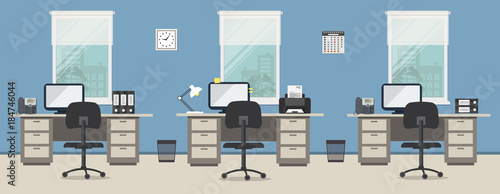 Office room in a blue color. Workplace of office workers with gray ... Office room in a blue color. Workplace of office workers with gray ...
