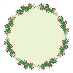 Wreath with branches and red berries. Round frame
