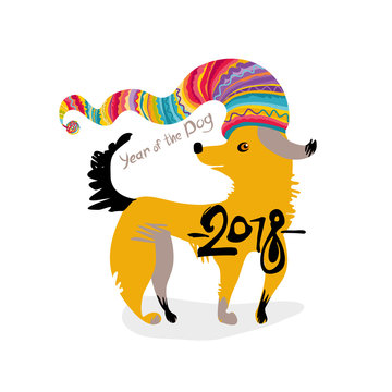 Yellow dog 2018. Funny puppy in a long, colorful caps cap. Hand drawn cartoon character.