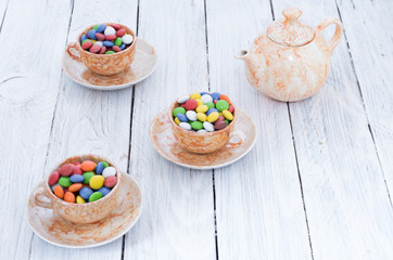 Tea set for three. Sweet tea. Tea ceremony.