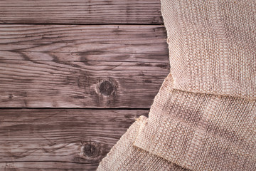 Handmade tablecloth from right side of rustic table top view.