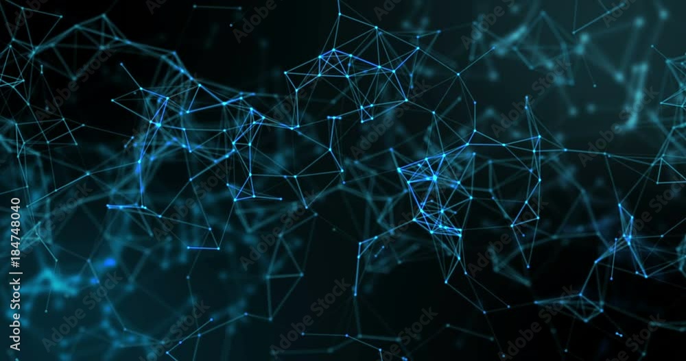 Wall mural abstract blue geometrical plexus flowing movement on black background with lines and dots