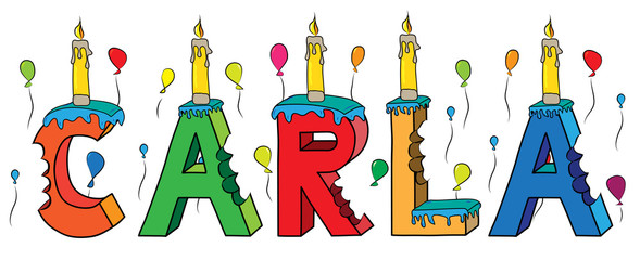 Carla female first name bitten colorful 3d lettering birthday cake with candles and balloons