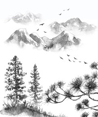 Oriental Ink Landscape with Mountains