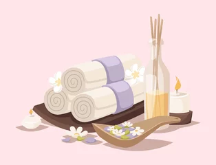 Tuinposter Spa vector icons treatment beauty procedures wellness spa-massage herbal cosmetics aroma spa stones towels and lotus flower illustration. © Vectorvstocker