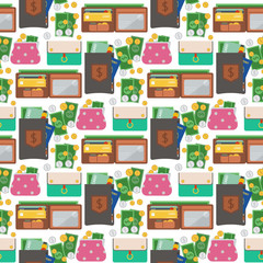 Purse wallet with money seamless pattern background shopping buy business financial payment bag and accessory trendy cash wealth vector illustration.