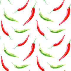 Floral seamless pattern of a red and green chilli peppers. Image of a vegetables. Watercolor hand drawn illustration. White background.