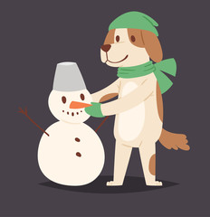 Christmas dog vector cute cartoon puppy and snowman character illustration pet doggy Xmas celebrate pose illustration