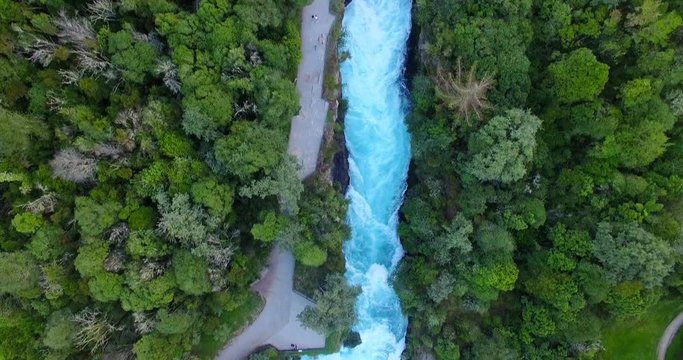 NEW ZEALAND &ndash; MARCH 2016 : Aerial shot over Huka Falls at sunset with Waikato River in view