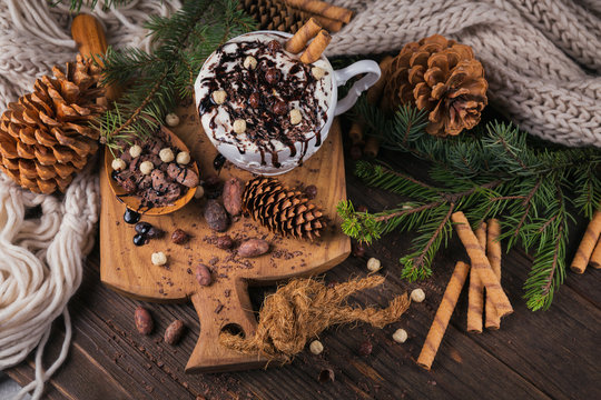 Christmas or New Year composition with hot chocolate or cocoa drink with whipped cream