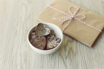 Wooden hearts and gift