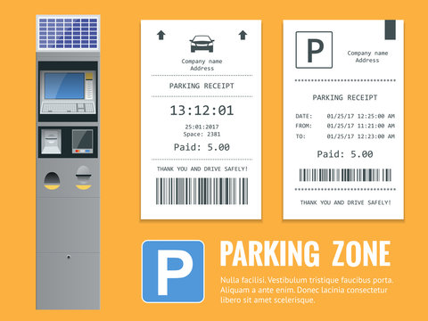 Realistic modern terminal for paying for car parking and parking receipt. Vector illustration